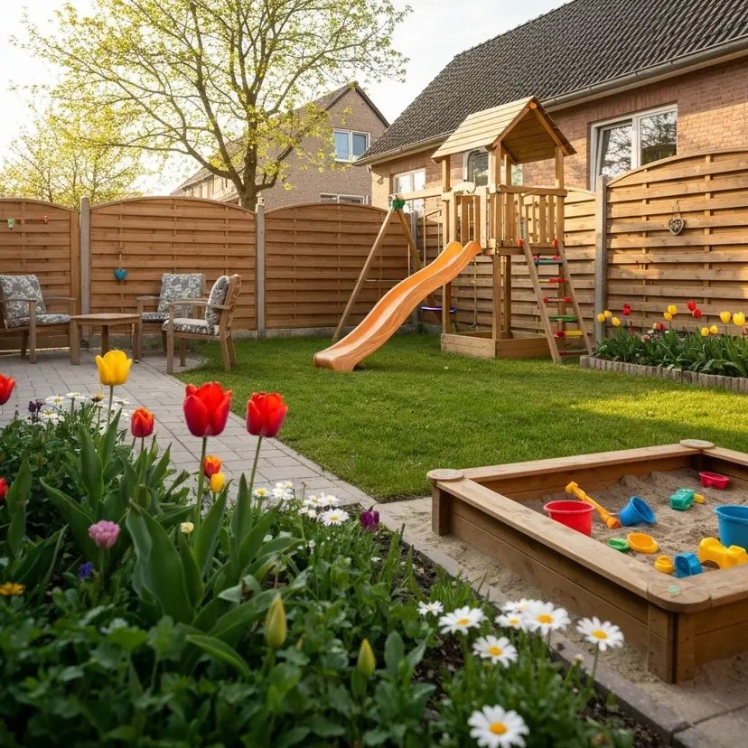 Beautiful backyard play area with playset and garden